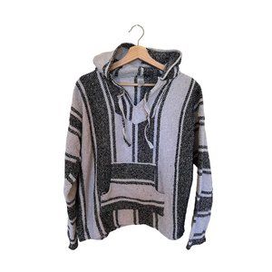 Maco Striped Mexican Baja Hoodie Black, White Men's Size Large Mens Pullover Hoo